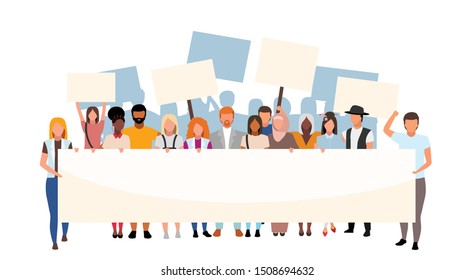 Racial inequality street protest flat illustration. Social movement, demonstration against racism. Multicultural activists holding blank placards cartoon characters. Human rights protection event