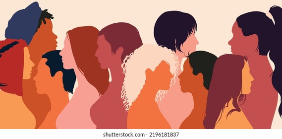 Racial Justice, Diversity, Opportunity, And Allyship Concept. Multicultural Multiethnic Woman Profile. Self-confidence. Vector Flat Cartoon Illustration.