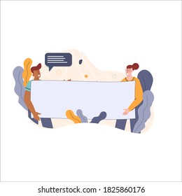 Racial justice, happy man and woman in casual clothes with different skin color talking and helping each other, male and female person with different race holding a big paper vector illustration for w