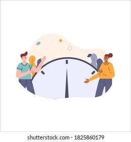 Racial justice, happy man and woman in casual clothes with different skin color with a huge clock in the middle, male and female person with a meter inbetween vector illustration for website