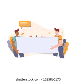 Racial justice, happy men in casual clothes with different skin color talking and helping each other, two men with different race holding a big paper vector illustration for website