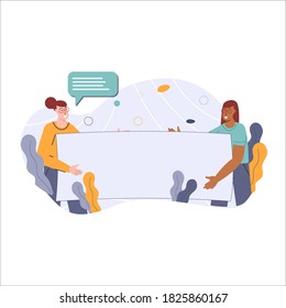 Racial justice, happy women in casual clothes with different skin color talking and helping each other, two women with different race holding a big paper vector illustration for website