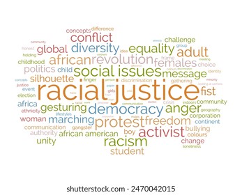 Plantilla racial de la nube de palabras. Concepto de temas sociales Vector tagcloud fondo.