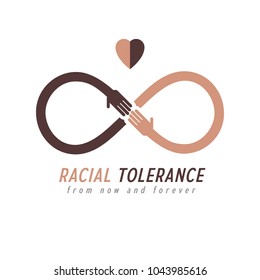 Racial Tolerance between different Nations conceptual symbol, Martin Luther King Day, Zero tolerance, vector symbol created with infinity loop sign and two hands of people of different races