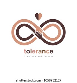 Racial Tolerance conceptual symbol, Martin Luther King Day, Zero tolerance, vector symbol created with infinity loop sign and two hands of people of different races touching and reaching each other.