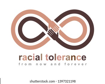 Símbolo conceptual de tolerancia racial, Día de Martin Luther King, Tolerancia cero, símbolo vectorial creado con signo de bucle infinito y dos manos de personas de diferentes razas tocándose y llegando entre sí.