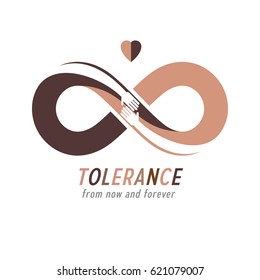 Racial Tolerance conceptual symbol, Martin Luther King Day, Zero tolerance, vector symbol created with infinity loop sign and two hands of people of different races touching and reaching each other.