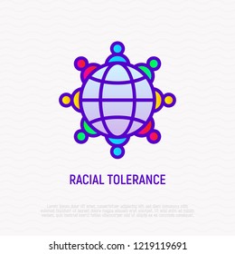Racial tolerance thin line icon: people around globe. Modern vector illustration of globalization.