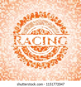 Racing abstract emblem, orange mosaic background