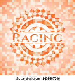 Racing abstract emblem, orange mosaic background