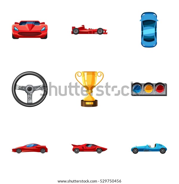 Racing accessories icons set.\
Cartoon illustration of 9 racing accessories vector icons for\
web