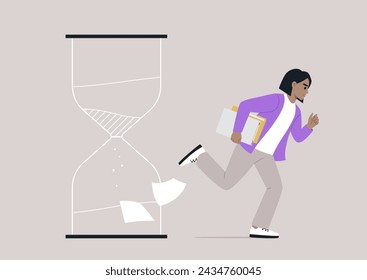 Racing Against Time, Sprinting Beside a Ticking Sandglass, A determined runner with a folder in hand charges past a large sand timer