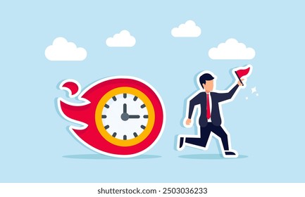 Racing against time, work schedules, or project deadlines concept of A businessman running with a flag while being chased by a flaming clock