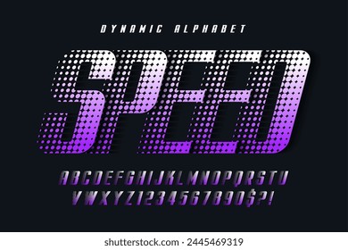 Racing alphabet design, dynamic typeface, letters and numbers. Swatch color control. 15 degree skew