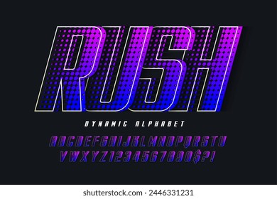 Racing alphabet design, dynamic typeface, letters and numbers. Swatch color control. 15 degree skew