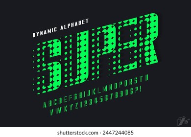 Racing alphabet design, dynamic typeface, letters and numbers. Swatch color control. 15 degree skew