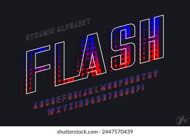 Racing alphabet design, dynamic typeface, letters and numbers. Swatch color control. 15 degree skew