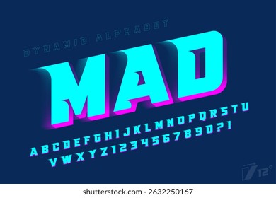 Racing alphabet design, dynamic typeface, letters and numbers. Swatch color control. 12 degree skew