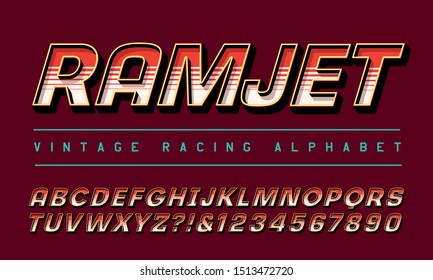 Racing alphabet; font for motorsports or airshow logos or vehicles. Ramjet refers to a type of high powered jet engine.