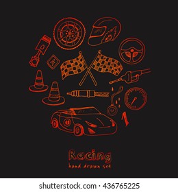 Racing auto items sketch icons hand drawn vector set with racing flags first place prize cup medal sport car isolated vector illustratio