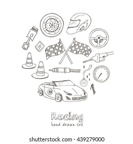 Racing auto items sketch icons hand drawn vector set with racing flags first place prize cup medal sport car isolated vector illustratio