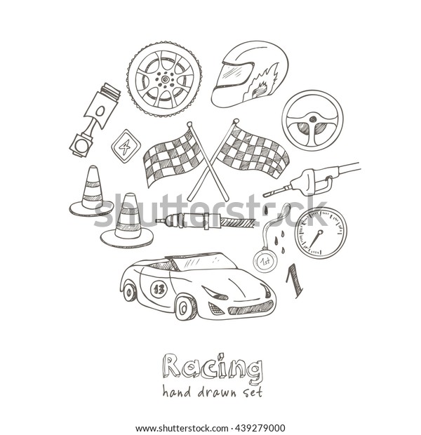 Racing auto items sketch icons hand drawn\
vector set with racing flags first place prize cup medal sport car\
isolated vector\
illustratio