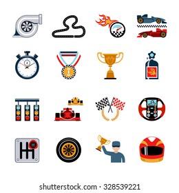 Racing and auto sport flat icons set isolated vector illustration