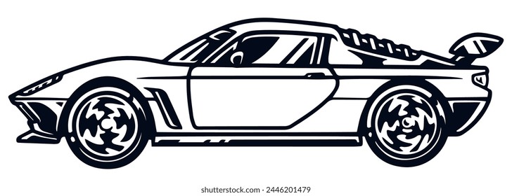 Racing automobile monochrome vintage sticker with side view fast car for design website announcing start of motorsport tournament vector illustration