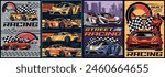 Racing automobiles set flyers colorful with super fast bullits with top speed on speedometer to defeat rivals vector illustration