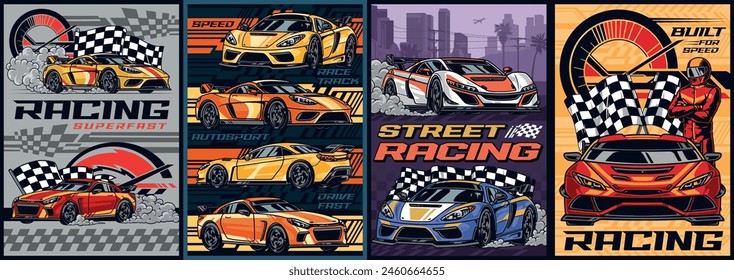 Racing automobiles set flyers colorful with super fast bullits with top speed on speedometer to defeat rivals vector illustration