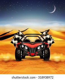 Racing background with red sport car and checkered flags against desert backdrop.