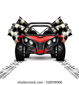 Racing background with red sport car and checkered flags.