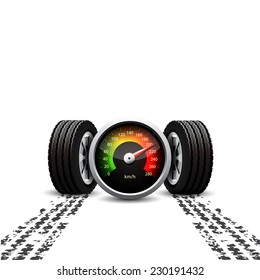 Racing background, speedometer and wheels with tyre treads on white 