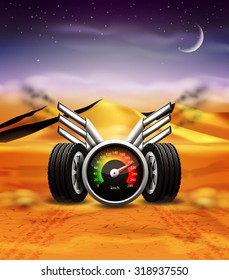 Racing background with speedometer and wheels with tyre treads against desert backdrop.