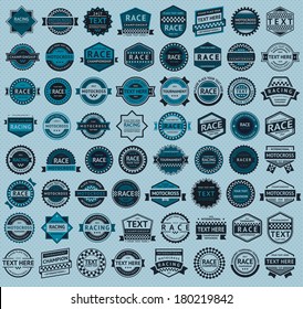 Racing badges - big blue set, vintage style, vector illustration