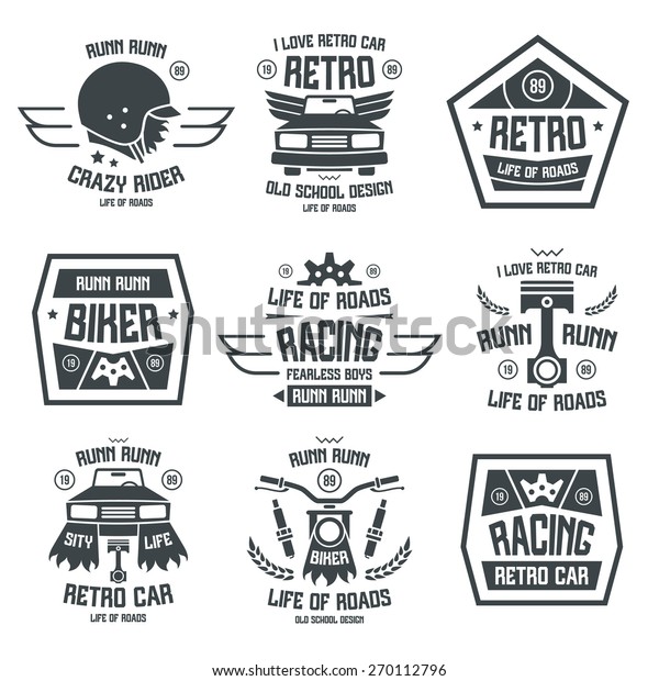 Racing badges in retro style. Graphic\
design for t-shirt. Black print on white\
background