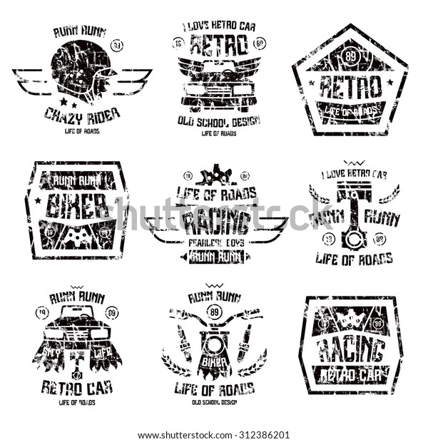 Racing badges in\
retro style with shabby texture. Graphic design for t-shirt. Black\
print on white\
background