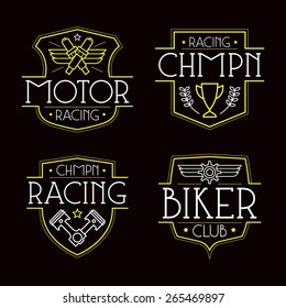 Racing badges in thin line style. Graphic design for t-shirt. Neon colors print on black background