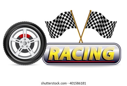 Racing banner with car wheel and two racing flags