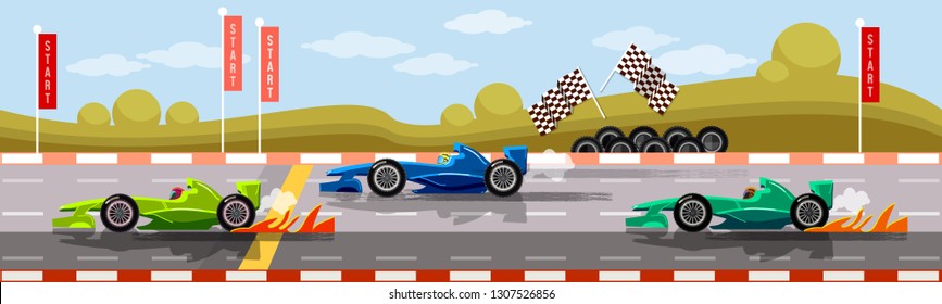 Racing banner, cars on a start line, flat cartoon 