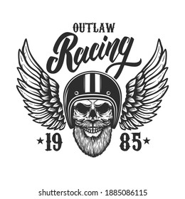 Racing. Bearded skull in winged racer helmet. Design element for logo, label, sign, emblem, poster, t shirt. Vector illustration