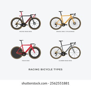 Racing bicycle types with road bike, gravel bike, cyclocross and lightweight climbing bike logo modern flat vector graphic icon illustration