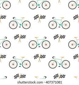 Racing bicycles seamless pattern with Checkered Flags Finish Flag