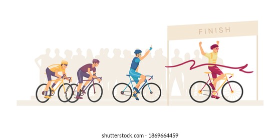 Racing Bicyclists People On Bikes. Marathon Finish. Group Sportsmen Cyclists On Home Stretch. Ribbon Breaker Winner. Cyclists Racing Bike Winner Cross Finish Line. Winning Champion Concept Vector