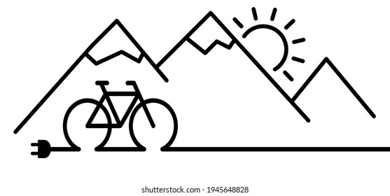 Racing bike or mountain biker. Nature tourism in the mountains, travel, adventure concept. Cartoon cycling line pattern.Charging point cable battery station for an electric ebike. Cyclist logo. Mamil