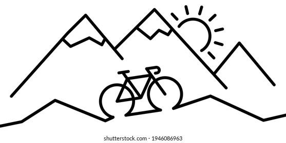 Racing bike or mountain biker. Nature tourism in the mountains, travel, adventure concept. Cartoon cycling line pattern icon. Sports symbol. Cycle, bicycle logo. Cyclist on holliday, vacation. Sun