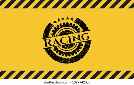 Racing black grunge emblem, yellow warning sign. Vector Illustration. Detailed.