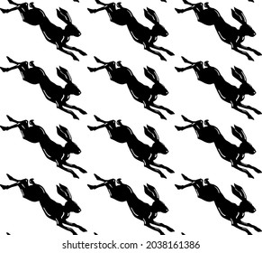 Racing black hare seamless vector pattern on white background.