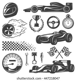 Racing black and isolated icon set with tools and equipment for street racer vector illustration