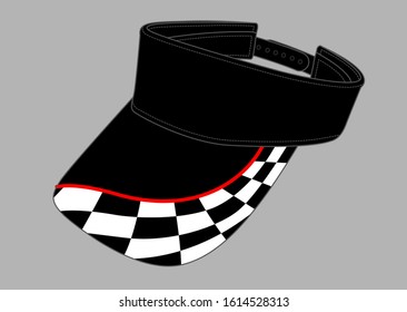 Racing Black Sun Visor Cap With Checkered Graphic Line On Brim Cap and Red Piping Design Vector.